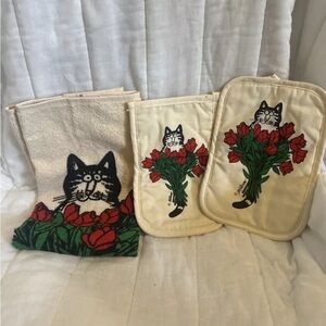 Vintage Kliban cat kitchen towel pot holders